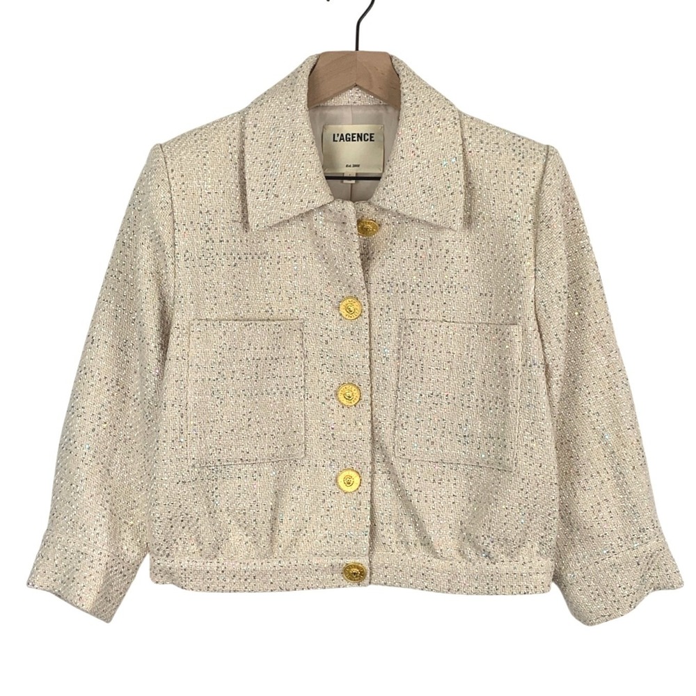 L'AGENCE Jia Sequin Tweed Cropped Gold Lion Button Jacket Sz 8 Cream EUC